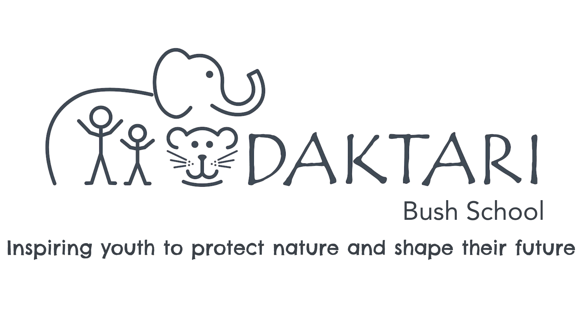 Logo_Tagline__white background | Eco-volontaire Logo for DAKTARI Bush School featuring an elephant outline, two stick-figure children, and a leopard face, with the words DAKTARI Bush School.
